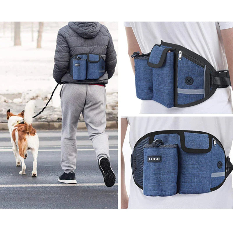 Hands-Free Dog Walking Waist Bag with Adjustable Belt, Drawstring Closure, and Mesh Pockets for Outdoor Adventures