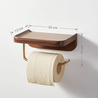 Solid walnut wood wall-mounted paper towel and toilet roll holder with brass fittings