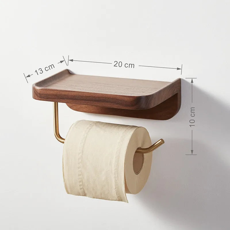 Solid wood creative wall-mounted paper towel rack and toilet roll holder with brass fittings in natural wood colour measuring 20x13x10cm for kitchen or bathroom storage, handmade solid walnut construction with wall-mounting hardware included