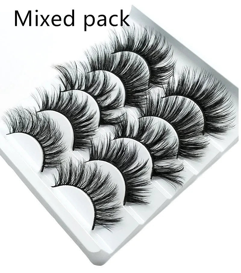Five pairs of imitation mink false eyelashes with plastic cotton thread stem and cross section style, pure handmade