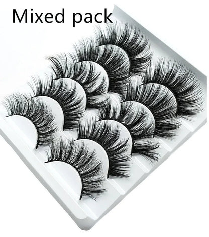 Five pairs of imitation mink false eyelashes with plastic cotton thread stem and cross section style, pure handmade