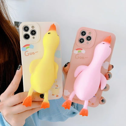 iPhone silicone phone case with straight sides and cartoon print design in yellow, white, or pink