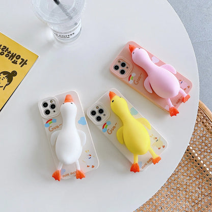 iPhone silicone phone case with straight sides and cartoon print design in yellow, white, or pink