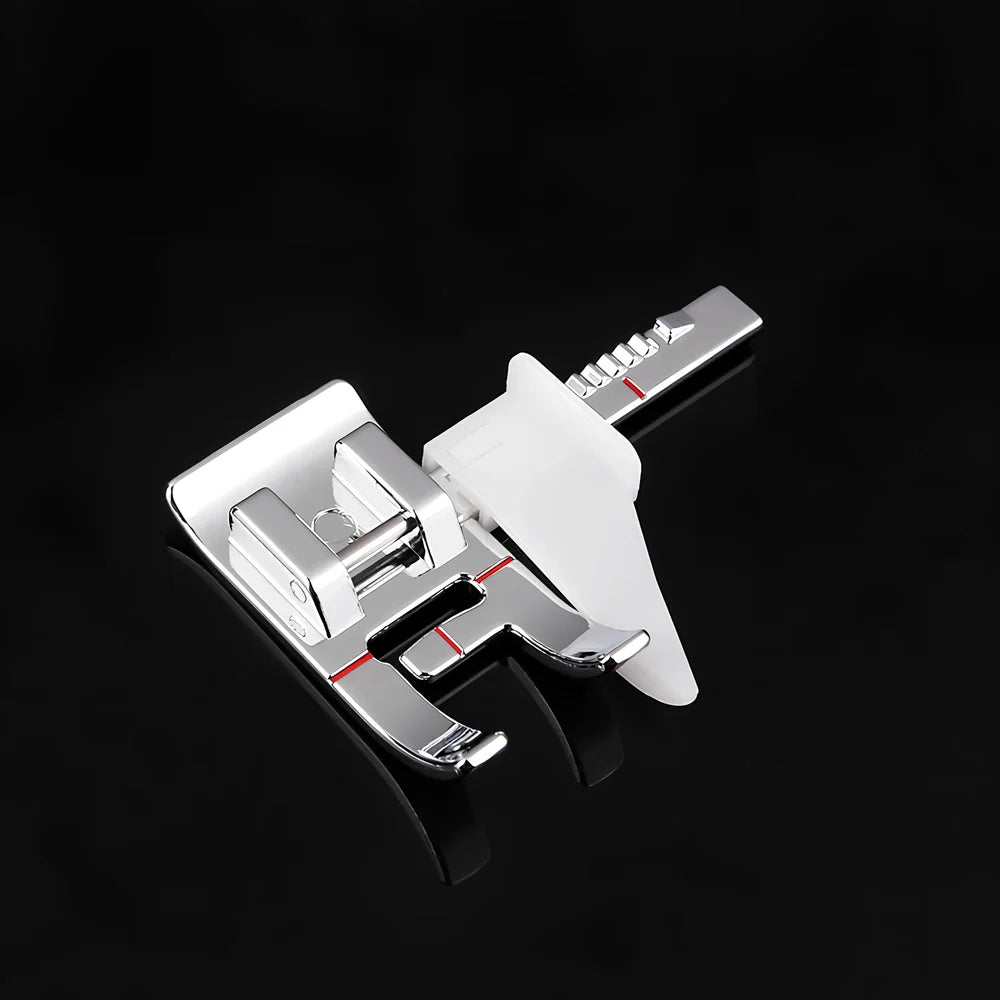 Regular sewing machine presser foot with red border guide for precise quilting measurements