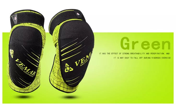Cycling knee pads in black, blue, yellow, green, and red for sports protection