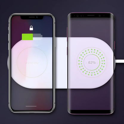 White dual phone wireless charging pad for simultaneous fast charging of two mobile phones