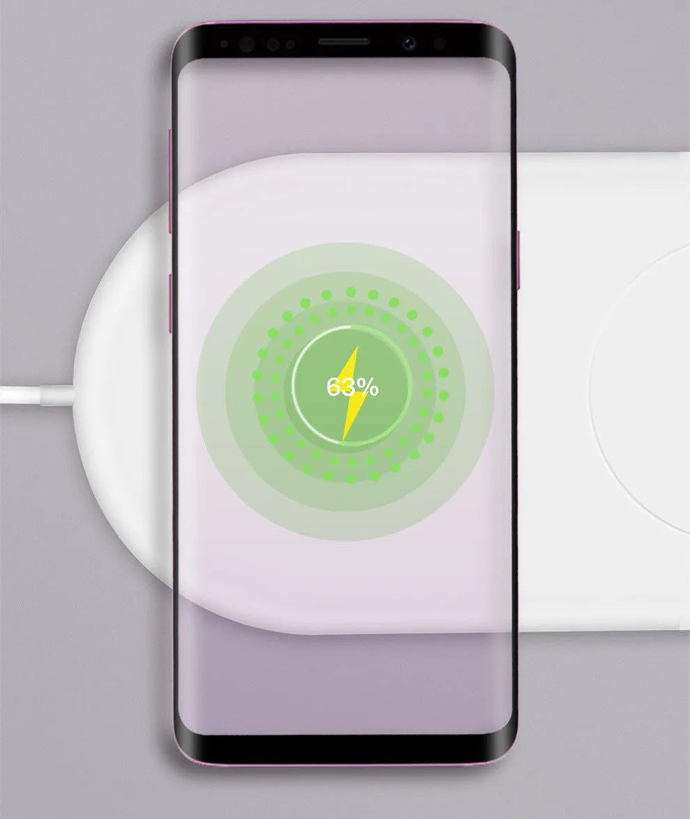 White dual phone wireless charging pad for simultaneous fast charging of two mobile phones
