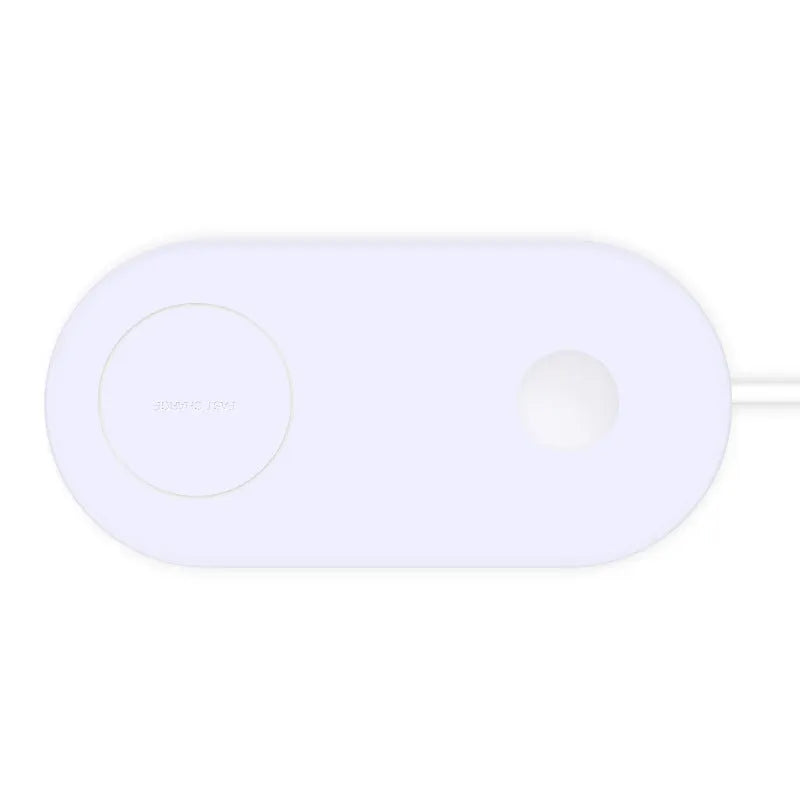White dual phone wireless charging pad for simultaneous fast charging of two mobile phones