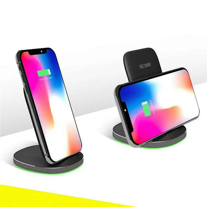 White and black vertical wireless charging dock for mobile phones