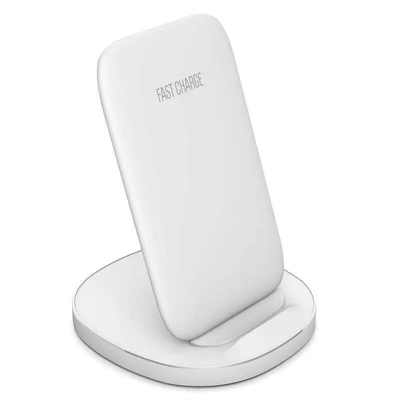 White and black vertical wireless charging dock for mobile phones
