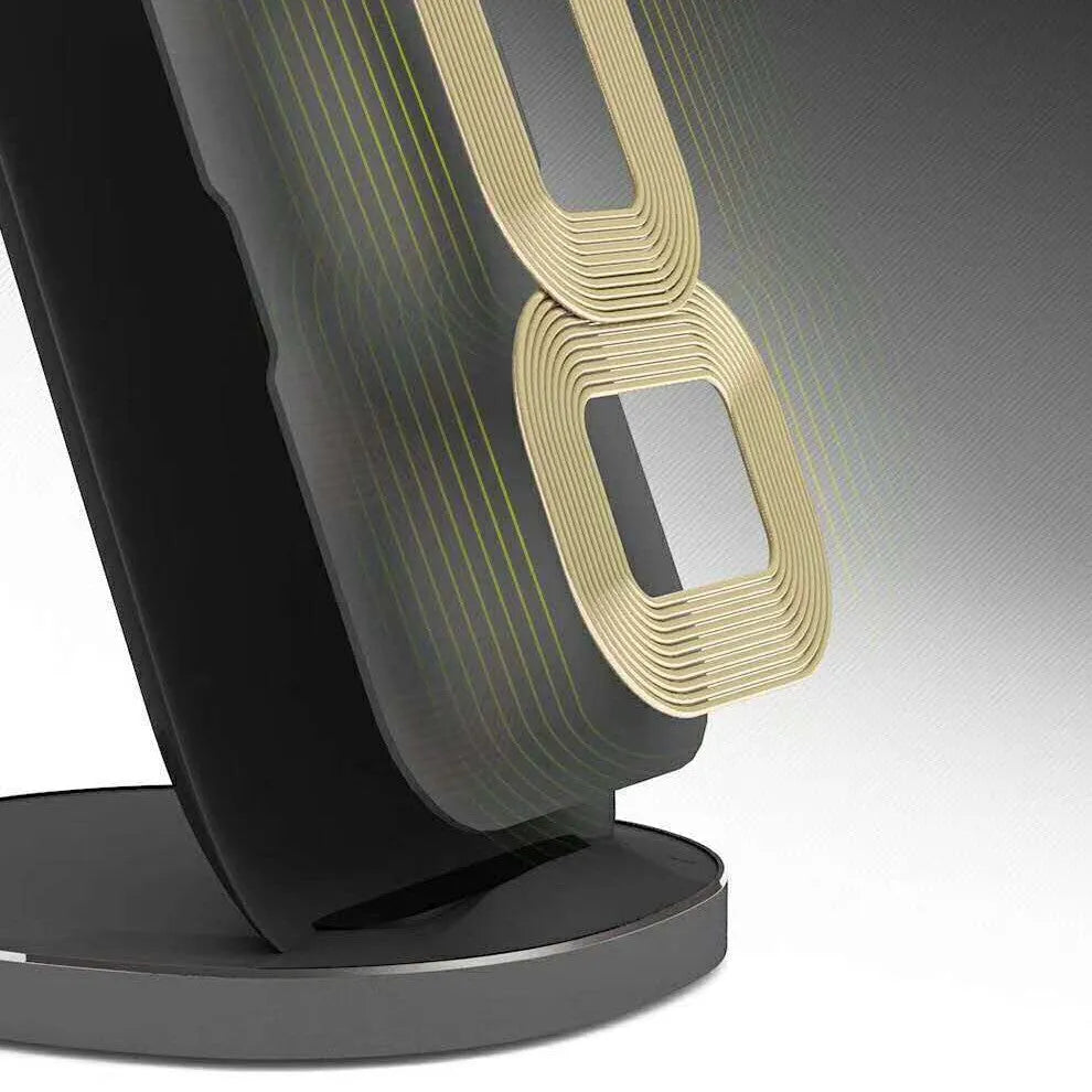 White and black vertical wireless charging dock for mobile phones