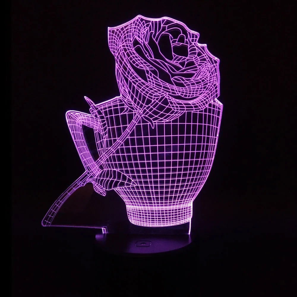 3D rose flower night light showing seven colour options with remote control and USB cable