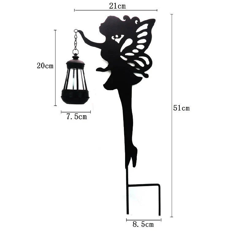 Solar-powered outdoor garden light with wrought-iron fairy lantern design, perfect for illuminating pathways, patios, and landscapes.