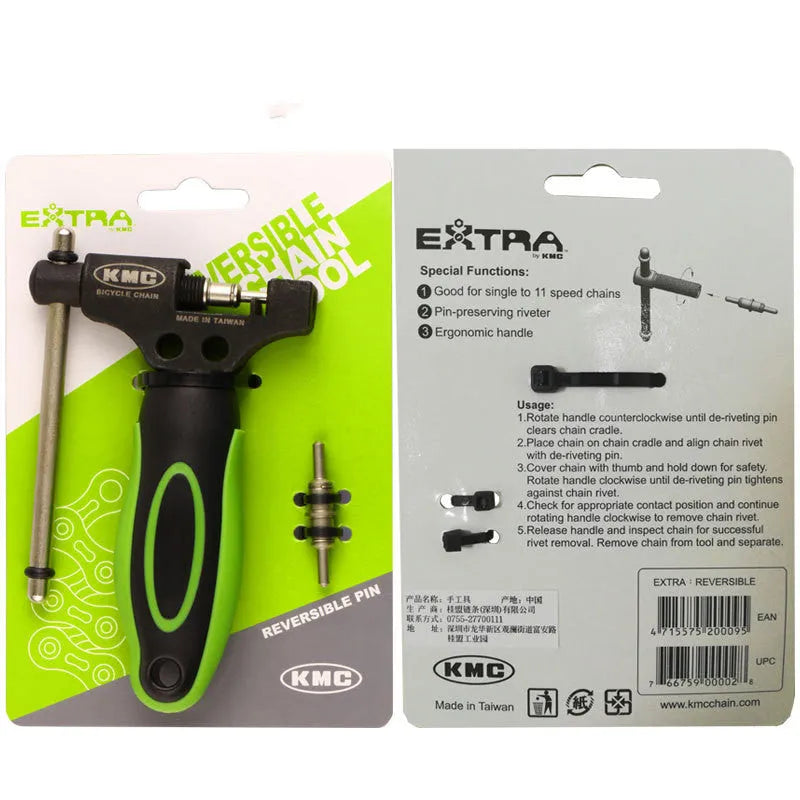 Green steel bicycle chain cutter tool with a double shaft riveting device.