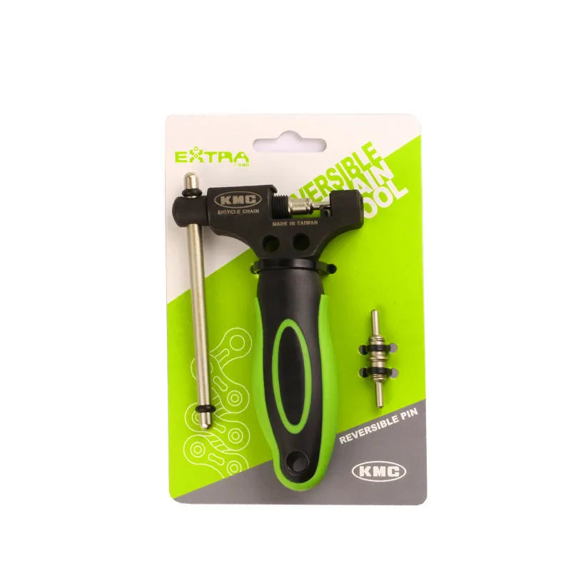 Green steel bicycle chain cutter tool with a double shaft riveting device.