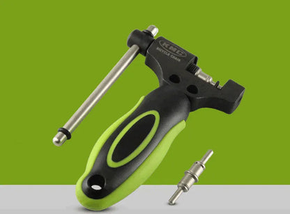 Green steel bicycle chain cutter tool with a double shaft riveting device.