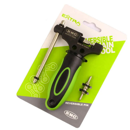 Green steel bicycle chain cutter tool with a double shaft riveting device.