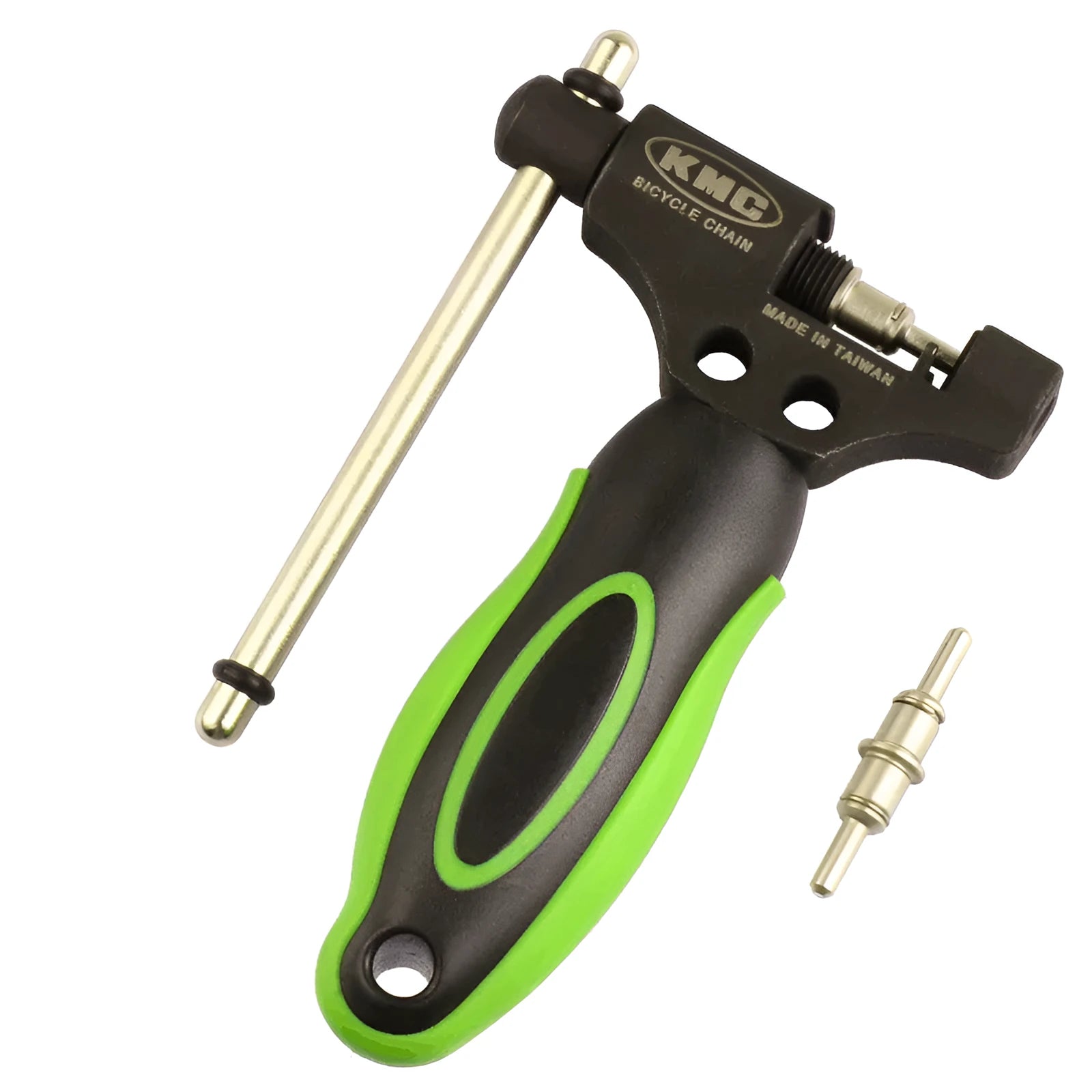 Green steel bicycle chain cutter tool with a double shaft riveting device.