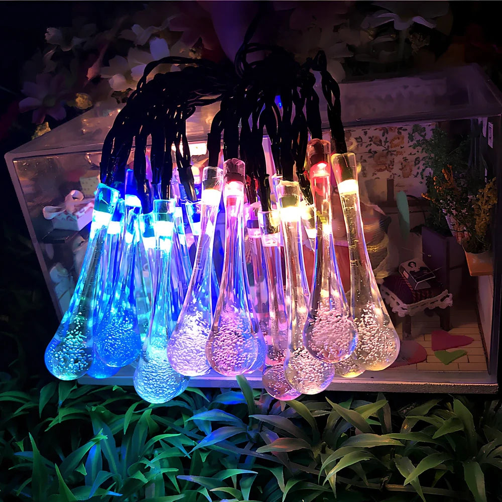 30 LED solar water drop string lights, 6.5m waterproof with 2x8cm ABS pendants and ground spike for gardens