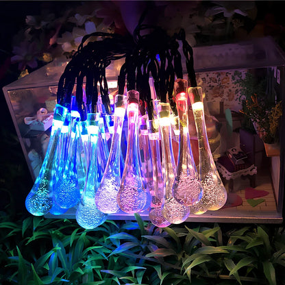 30 LED solar water drop string lights, 6.5m waterproof with 2x8cm ABS pendants and ground spike for gardens