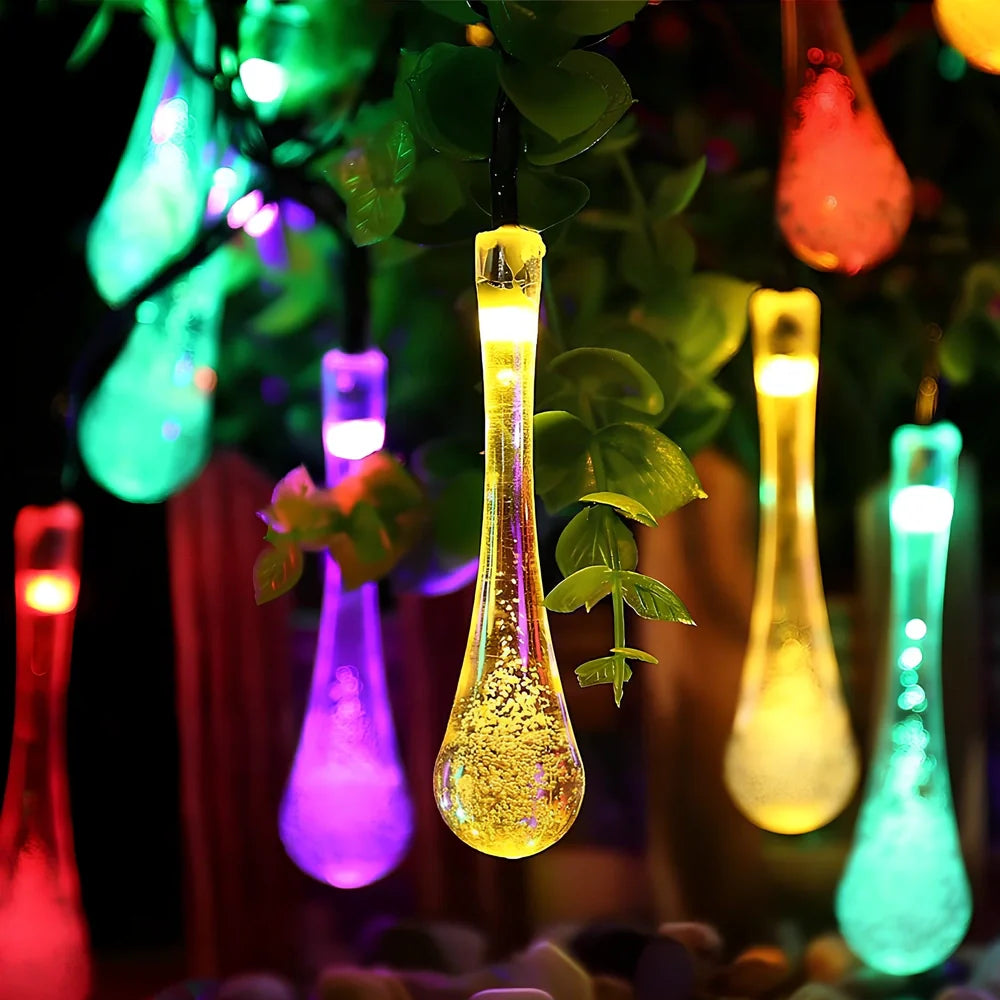 30 LED solar water drop string lights, 6.5m waterproof with 2x8cm ABS pendants and ground spike for gardens