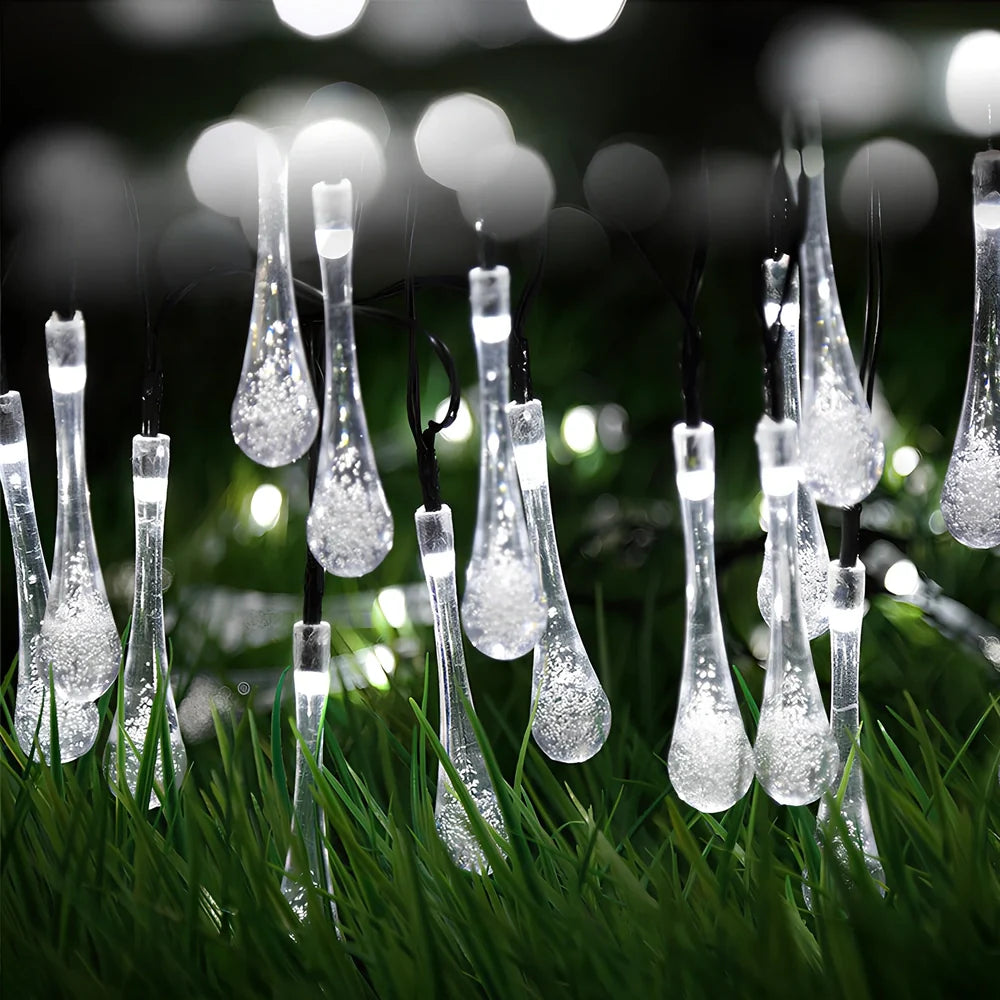 30 LED solar water drop string lights, 6.5m waterproof with 2x8cm ABS pendants and ground spike for gardens