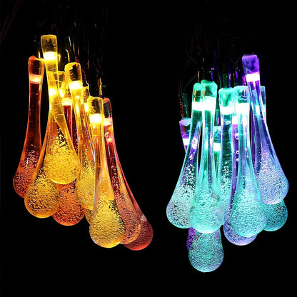 30 LED solar water drop string lights, 6.5m waterproof with 2x8cm ABS pendants and ground spike for gardens