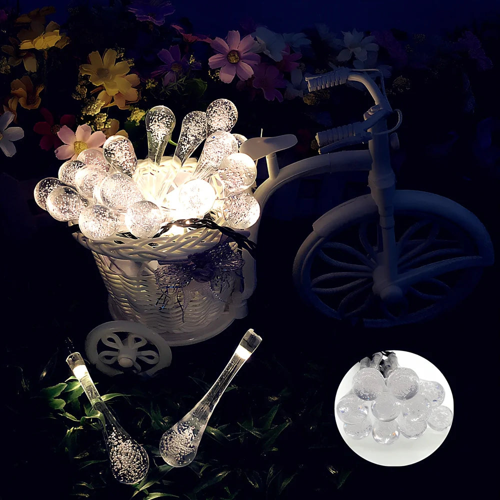 30 LED solar water drop string lights, 6.5m waterproof with 2x8cm ABS pendants and ground spike for gardens