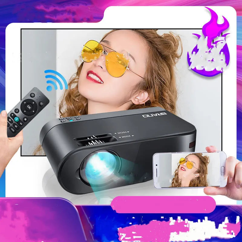 Portable wireless projector with 8K lens showing mobile phone screen mirroring capability