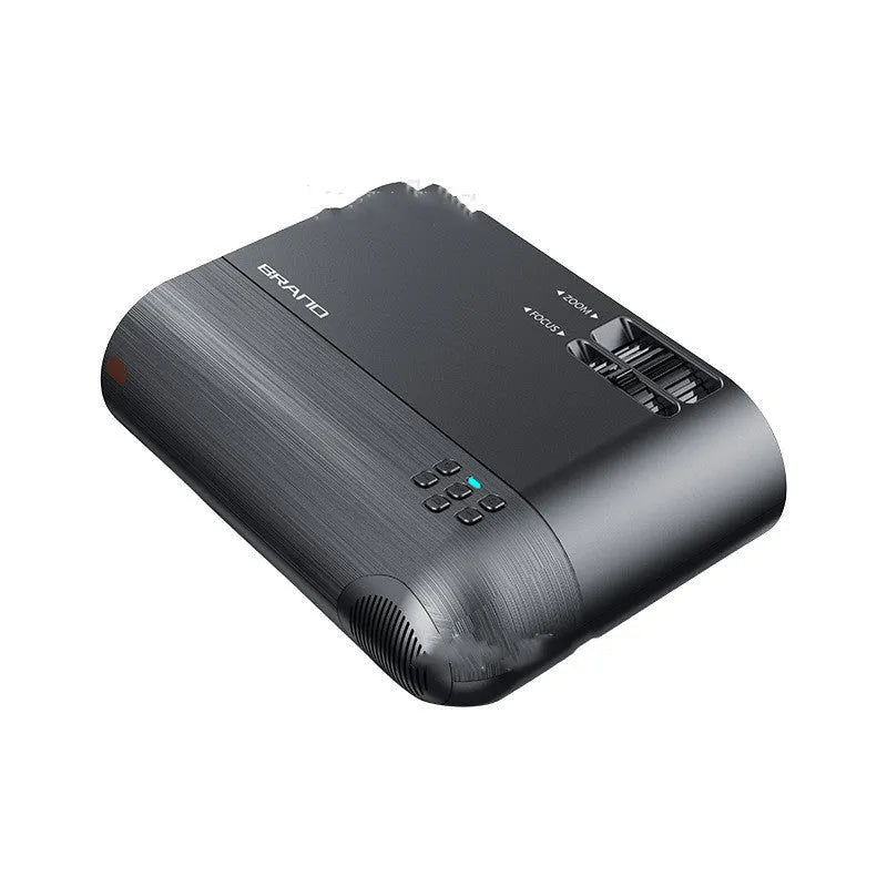 Portable wireless projector with 8K lens showing mobile phone screen mirroring capability