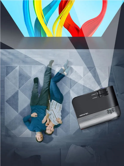 Portable wireless projector with 8K lens showing mobile phone screen mirroring capability