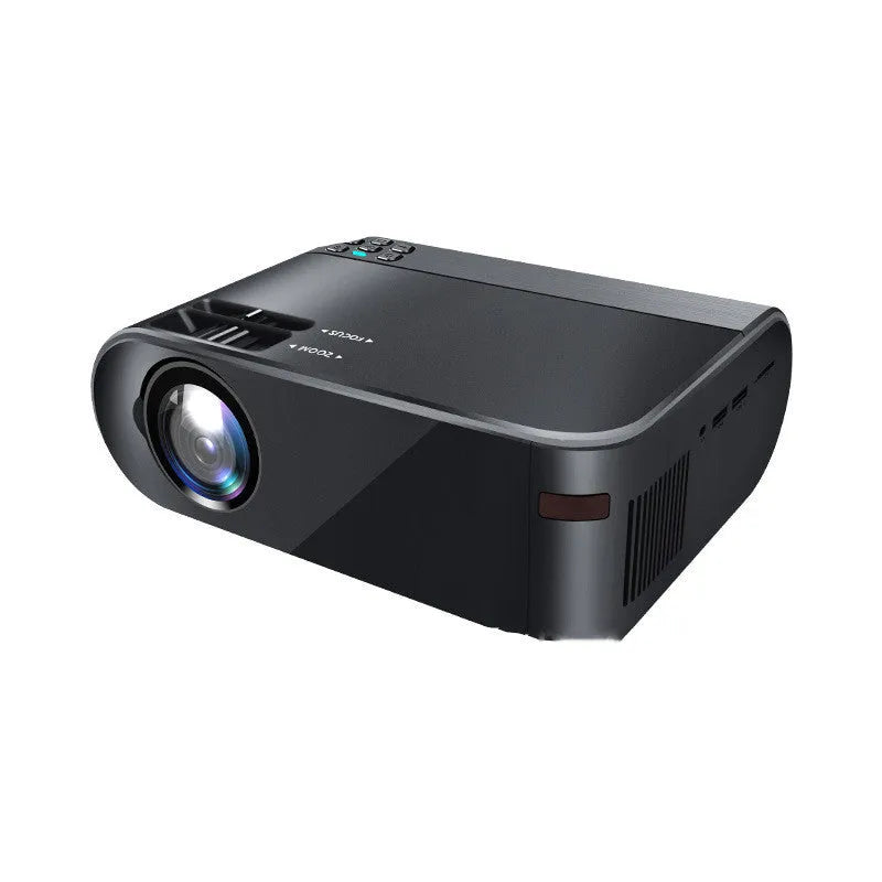 Portable wireless projector with 8K lens showing mobile phone screen mirroring capability