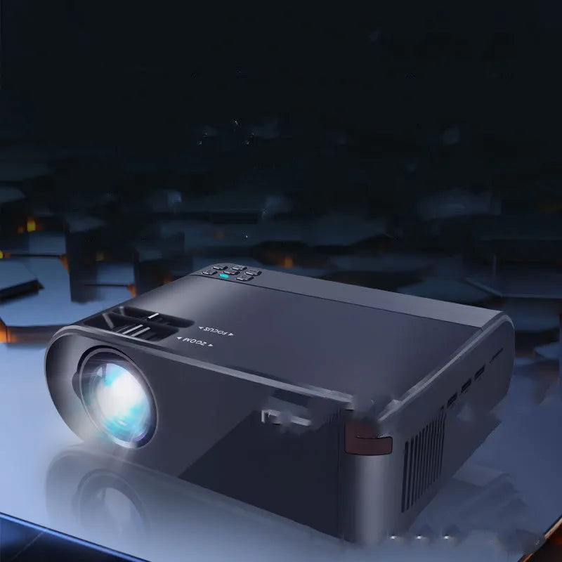 Portable wireless projector with 8K lens showing mobile phone screen mirroring capability