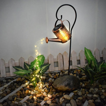 Solar-powered Enchanted Watering Can Garden Light with LED lights and hollow-out iron design