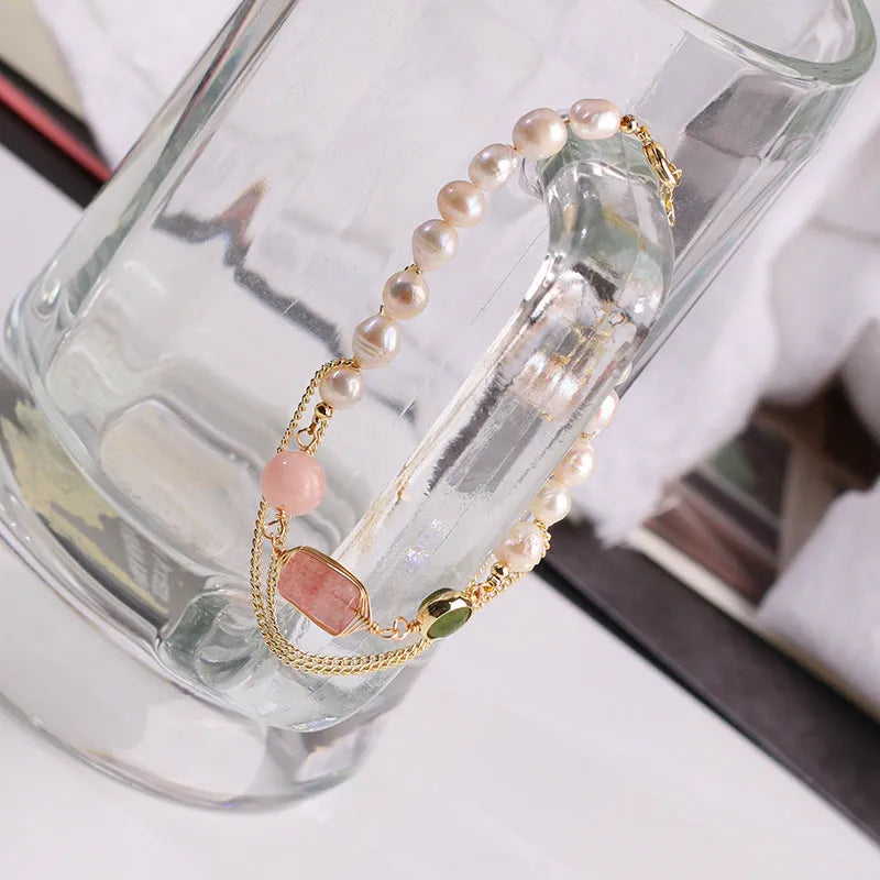 Geometric freshwater pearl and strawberry crystal bracelet for women with pink colour option