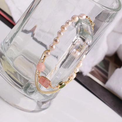 Geometric freshwater pearl and strawberry crystal bracelet for women with pink colour option