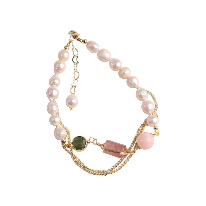 Geometric freshwater pearl and strawberry crystal bracelet for women with pink colour option