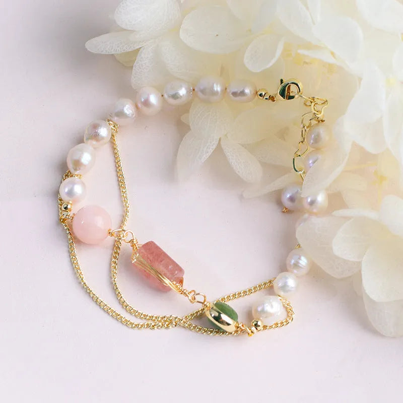 Geometric freshwater pearl and strawberry crystal bracelet for women with pink colour option