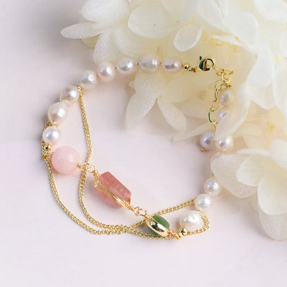 Geometric freshwater pearl and strawberry crystal bracelet for women with pink colour option