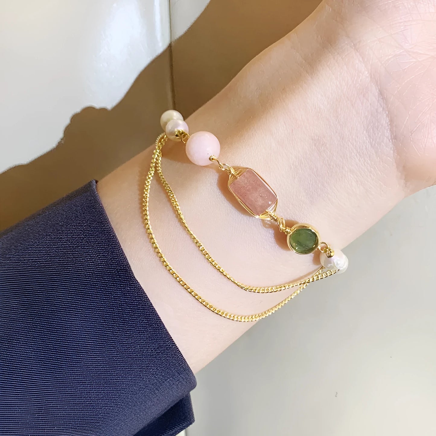 Geometric freshwater pearl and strawberry crystal bracelet for women with pink colour option