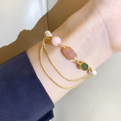 Geometric freshwater pearl and strawberry crystal bracelet for women with pink colour option