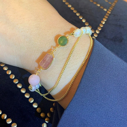 Geometric freshwater pearl and strawberry crystal bracelet for women with pink colour option