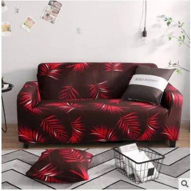 Printed stretchable sofa slipcover with geometric abstraction pattern on a three-seater sofa, showing tight fit and modern design.