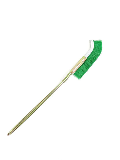 Green-handled mini elbow brush for rust removal on metal surfaces and range hood cleaning