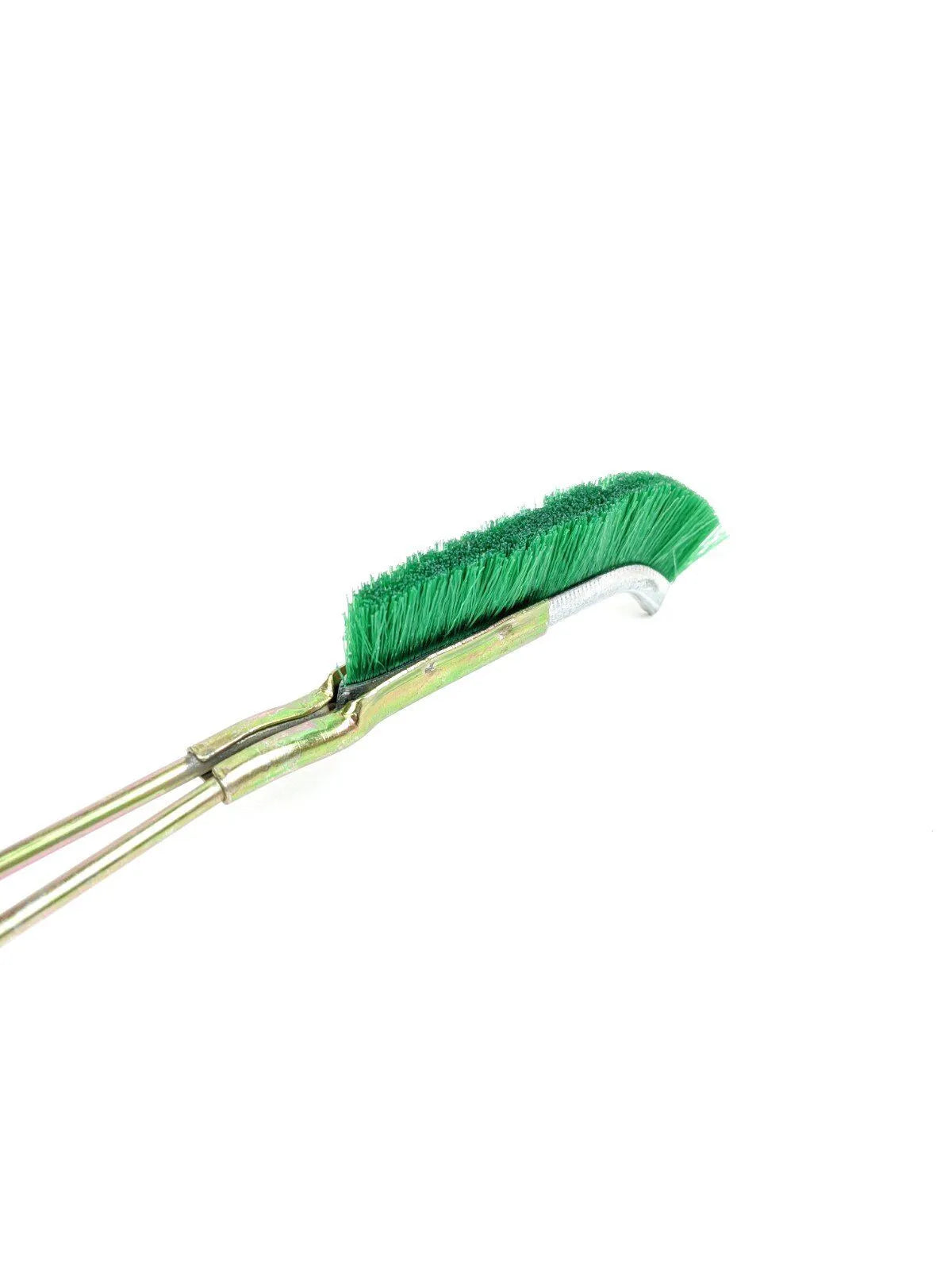 Green-handled mini elbow brush for rust removal on metal surfaces and range hood cleaning