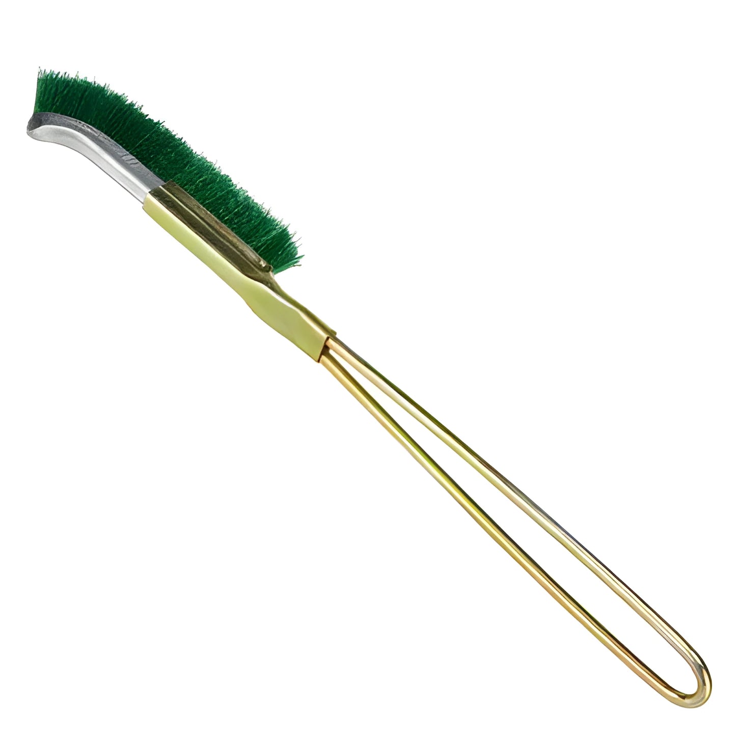 Green-handled mini elbow brush for rust removal on metal surfaces and range hood cleaning