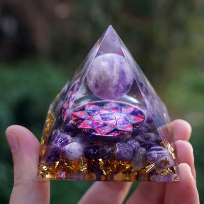 Premium Reiki Healing Crystal Pyramid - Handcrafted with Amethyst and Tiger's Eye, Infused with Orgone Technology for Radiation Protection and Chakra Alignment