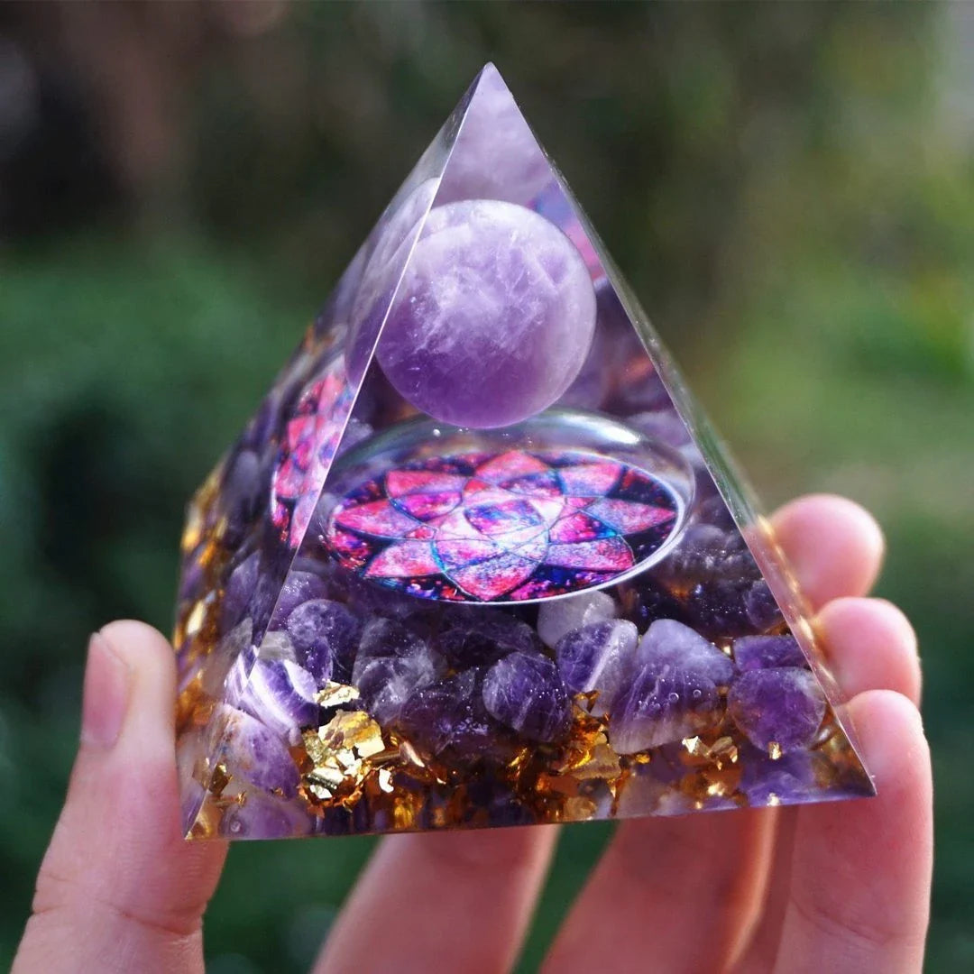 Premium Reiki Healing Crystal Pyramid - Handcrafted with Amethyst and Tiger's Eye, Infused with Orgone Technology for Radiation Protection and Chakra Alignment
