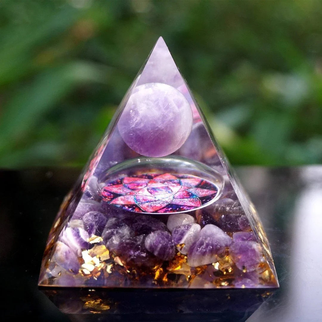 Premium Reiki Healing Crystal Pyramid - Handcrafted with Amethyst and Tiger's Eye, Infused with Orgone Technology for Radiation Protection and Chakra Alignment