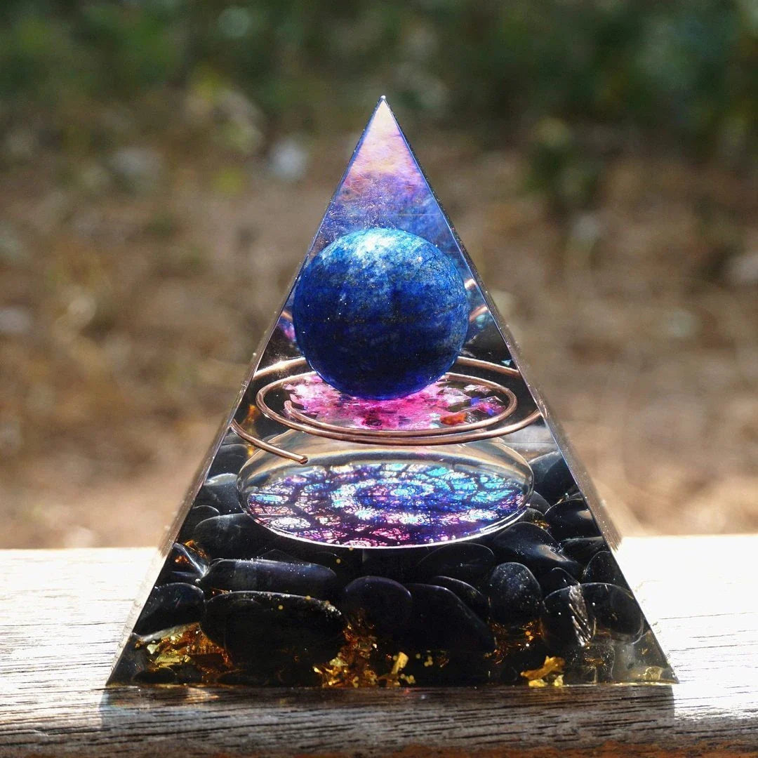 Premium Reiki Healing Crystal Pyramid - Handcrafted with Amethyst and Tiger's Eye, Infused with Orgone Technology for Radiation Protection and Chakra Alignment